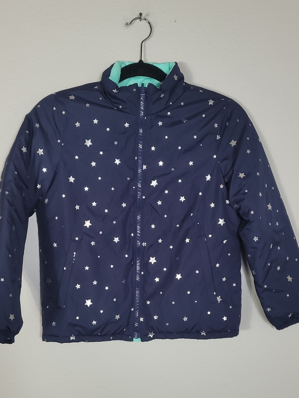 Gap Girls Reversible Puffer Jacket Size Medium 8 Navy Stars Teal Winter Kids